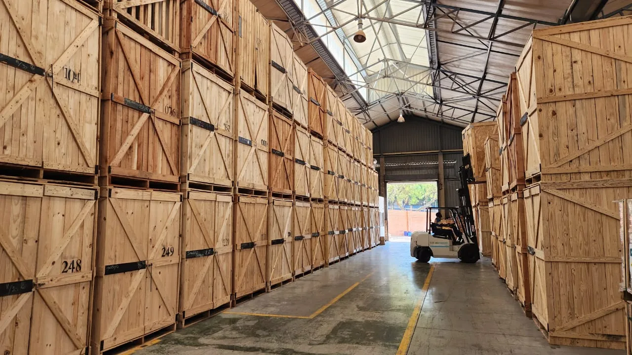 Wooden storage pods stacked inside the Cape Storit warehouse