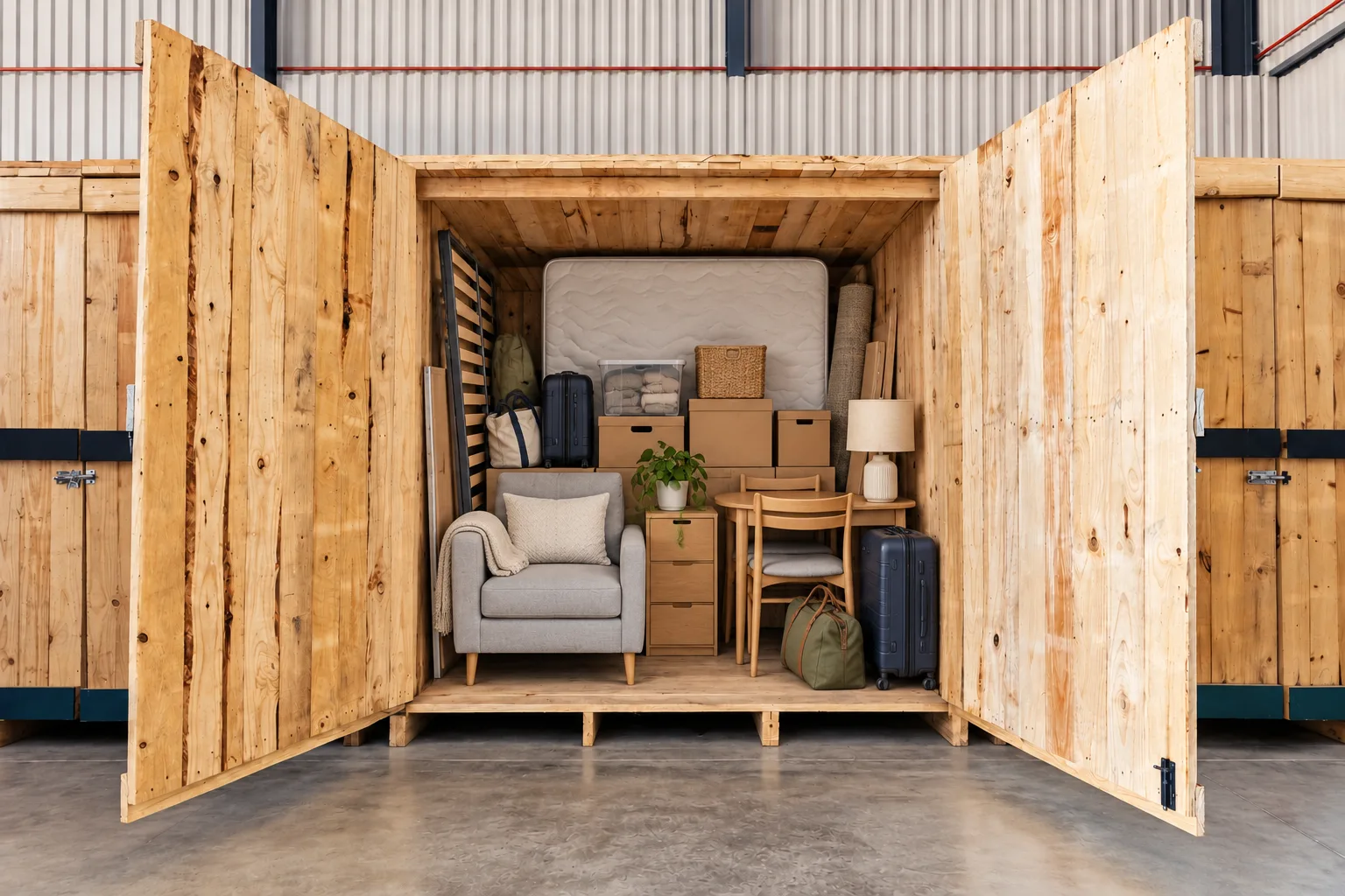 Storage pod at Cape Storit Cape Town packed with an armchair, mattress, chest of drawers, dining chair, boxes, suitcases and a lamp