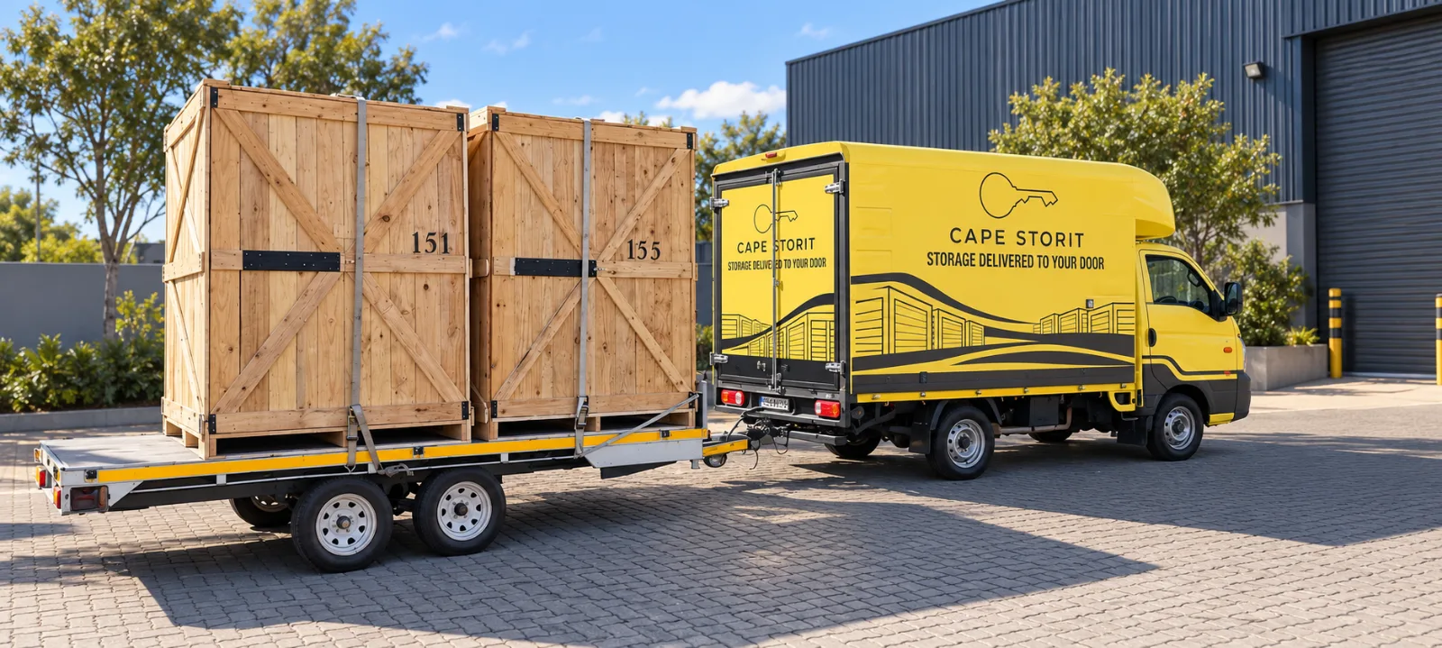 Cape Storit branded truck towing two wooden storage pods on a trailer