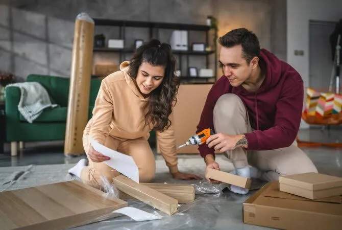 Couple assembling furniture during a home renovation