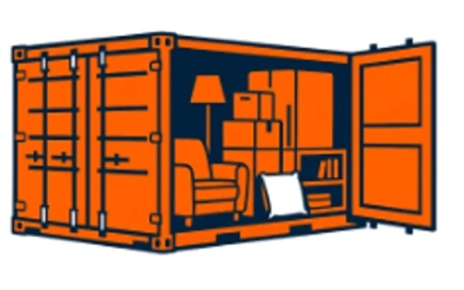 Animated Orange Shipping Container with the side open showing household items stored inside